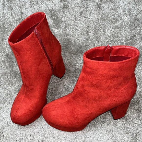 Red Suede High Heel Block Platform Ankle Boots Size 9 By Top Moda - Picture 8 of 8